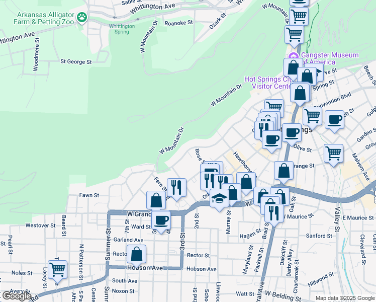 map of restaurants, bars, coffee shops, grocery stores, and more near 634 Prospect Avenue in Hot Springs