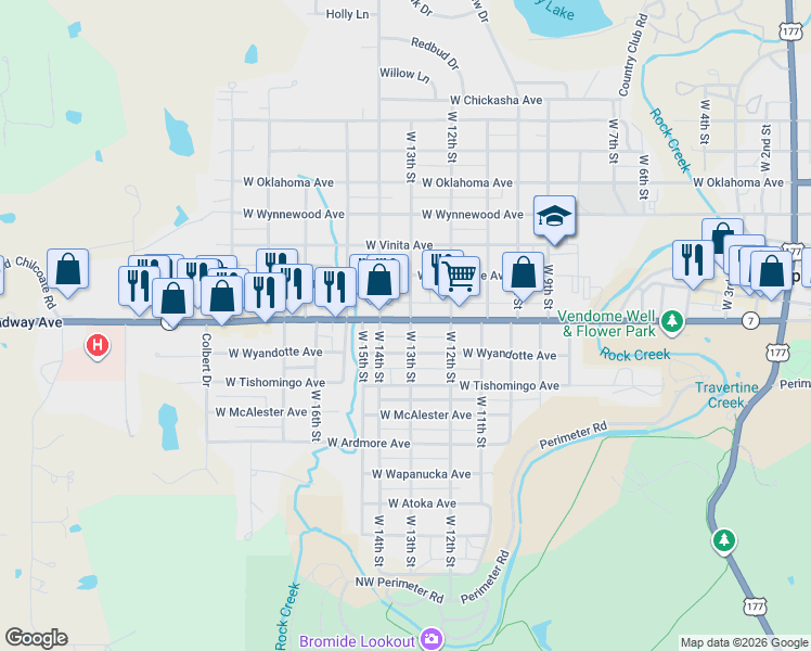 map of restaurants, bars, coffee shops, grocery stores, and more near 1301 West Broadway Avenue in Sulphur