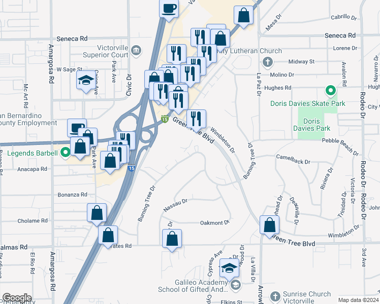 map of restaurants, bars, coffee shops, grocery stores, and more near 13857 Burning Tree Drive in Victorville