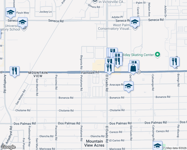 map of restaurants, bars, coffee shops, grocery stores, and more near 14365 Palmdale Road in Victorville