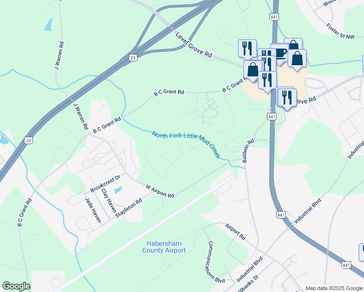 map of restaurants, bars, coffee shops, grocery stores, and more near 635 Forest Way in Cornelia