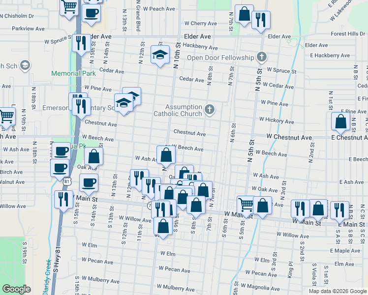 map of restaurants, bars, coffee shops, grocery stores, and more near 401 North 9th Street in Duncan
