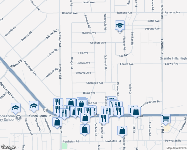 map of restaurants, bars, coffee shops, grocery stores, and more near 14020 Pawnee Road in Apple Valley
