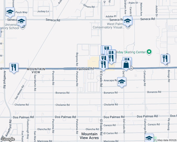map of restaurants, bars, coffee shops, grocery stores, and more near 14365 Palmdale Road in Victorville