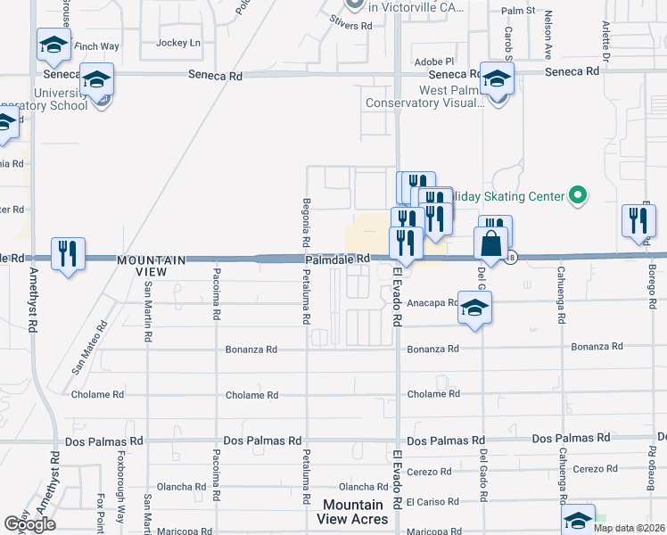 map of restaurants, bars, coffee shops, grocery stores, and more near 14365 Palmdale Road in Victorville