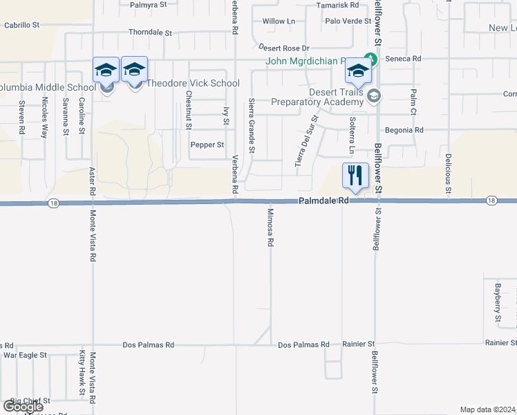 map of restaurants, bars, coffee shops, grocery stores, and more near Palmdale Road in Victorville