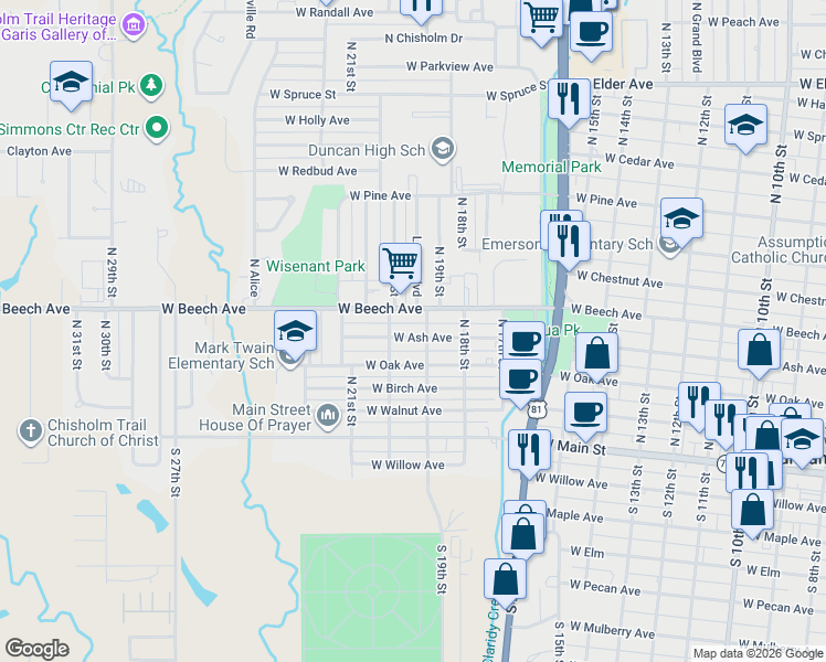 map of restaurants, bars, coffee shops, grocery stores, and more near 1902 West Ash Avenue in Duncan