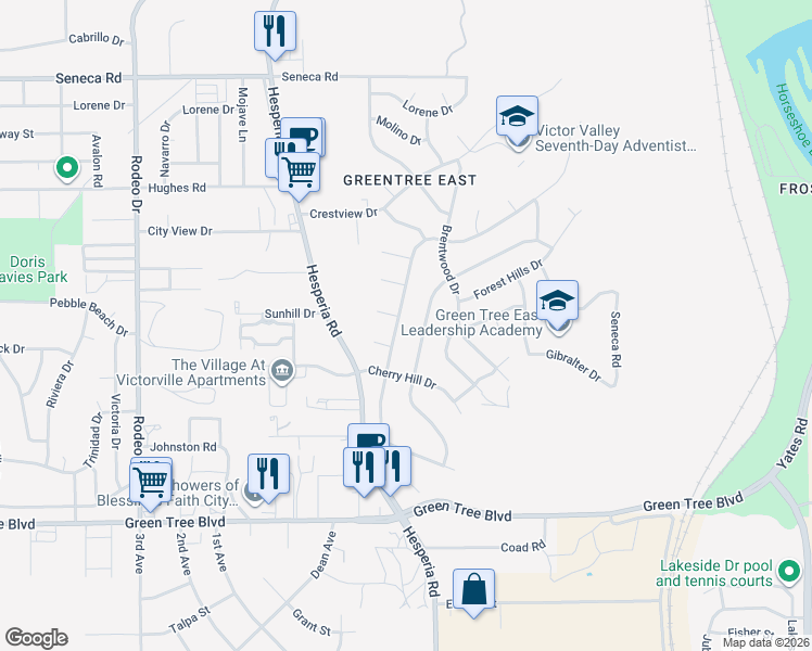 map of restaurants, bars, coffee shops, grocery stores, and more near 14055 Montecito Drive in Victorville