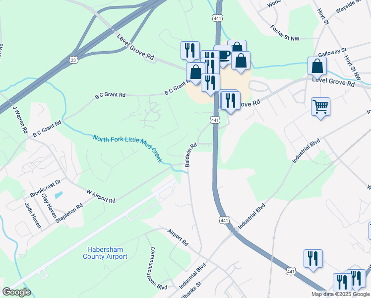 map of restaurants, bars, coffee shops, grocery stores, and more near 120 Crown Point Drive in Cornelia