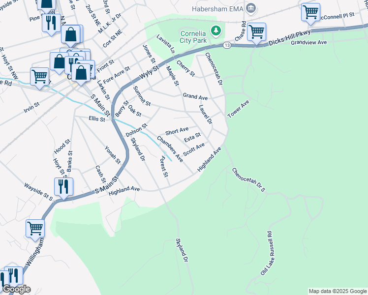 map of restaurants, bars, coffee shops, grocery stores, and more near 146 Huff Avenue in Cornelia
