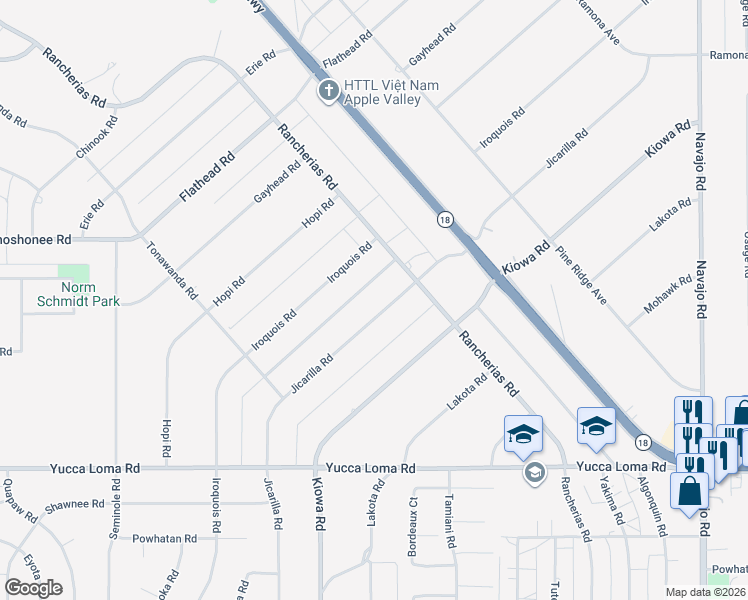 map of restaurants, bars, coffee shops, grocery stores, and more near 13991 Jicarilla Road in Apple Valley