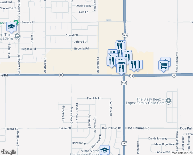 map of restaurants, bars, coffee shops, grocery stores, and more near 11967 Palmdale Road in Adelanto