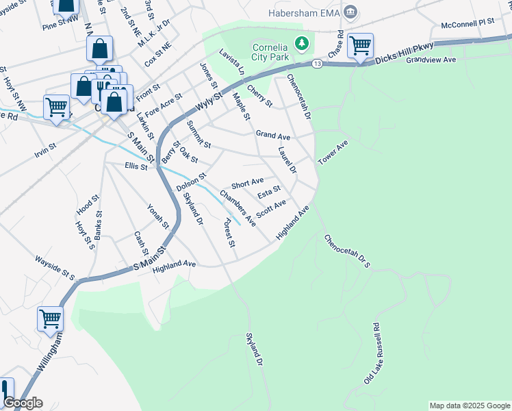 map of restaurants, bars, coffee shops, grocery stores, and more near 146 Huff Avenue in Cornelia