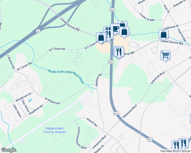 map of restaurants, bars, coffee shops, grocery stores, and more near 110-198 Crown Point Dr in Cornelia