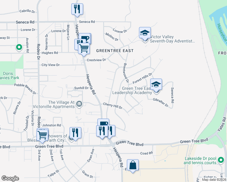 map of restaurants, bars, coffee shops, grocery stores, and more near 14055 Montecito Drive in Victorville