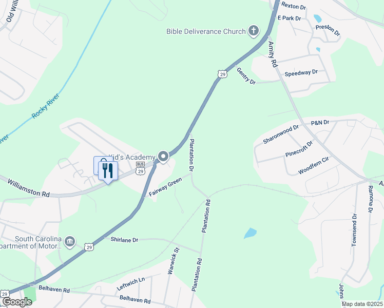 map of restaurants, bars, coffee shops, grocery stores, and more near Plantation Drive in Anderson