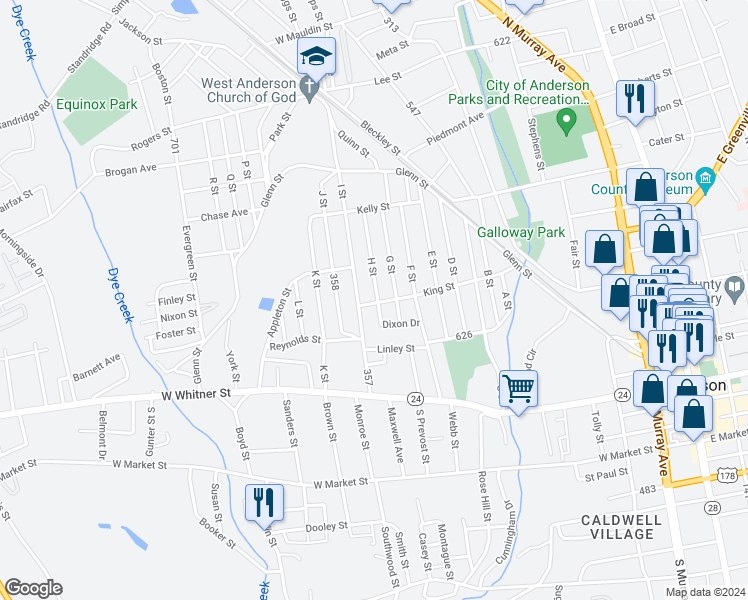 map of restaurants, bars, coffee shops, grocery stores, and more near 301 H Street in Anderson