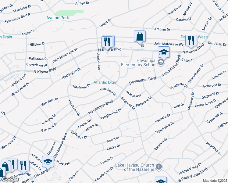 map of restaurants, bars, coffee shops, grocery stores, and more near 2655 San Juan Drive in Lake Havasu City