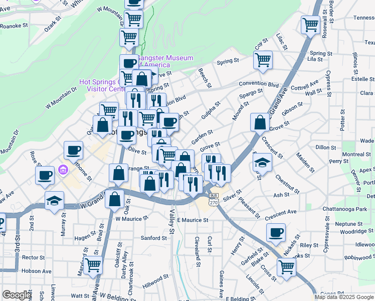 map of restaurants, bars, coffee shops, grocery stores, and more near 501 Malvern Avenue in Hot Springs
