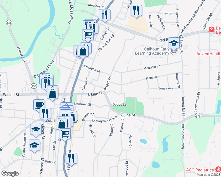 map of restaurants, bars, coffee shops, grocery stores, and more near 410 Boulevard Heights in Calhoun