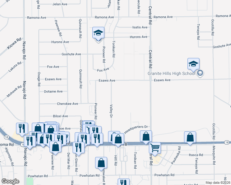 map of restaurants, bars, coffee shops, grocery stores, and more near 14055 Valley Drive in Apple Valley