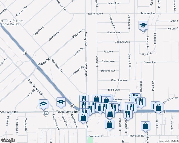 map of restaurants, bars, coffee shops, grocery stores, and more near 14020 Osage Road in Apple Valley