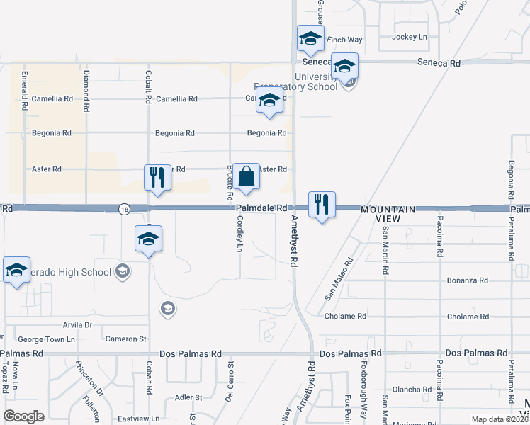 map of restaurants, bars, coffee shops, grocery stores, and more near 13575 Palmdale Road in Victorville