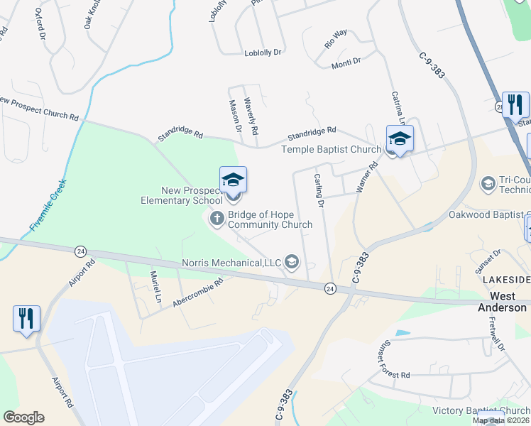 map of restaurants, bars, coffee shops, grocery stores, and more near 118 Tabitha Court in Anderson