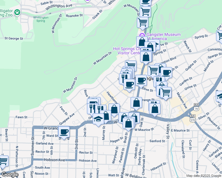 map of restaurants, bars, coffee shops, grocery stores, and more near in Hot Springs