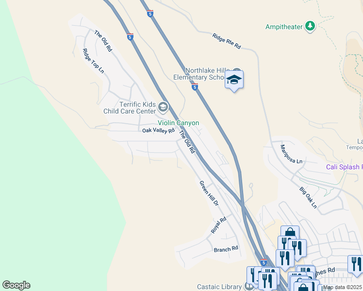 map of restaurants, bars, coffee shops, grocery stores, and more near 32364 Green Hill Drive in Castaic