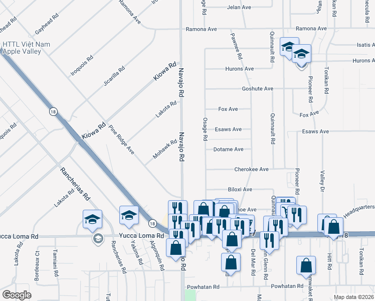 map of restaurants, bars, coffee shops, grocery stores, and more near 14027 Navajo Road in Apple Valley