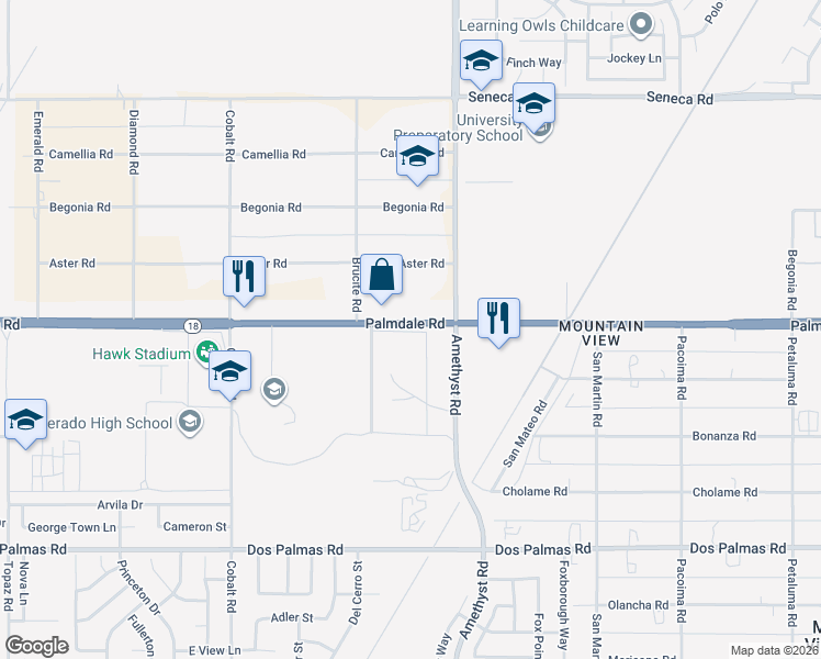 map of restaurants, bars, coffee shops, grocery stores, and more near 15494 Palmdale Road in Victorville