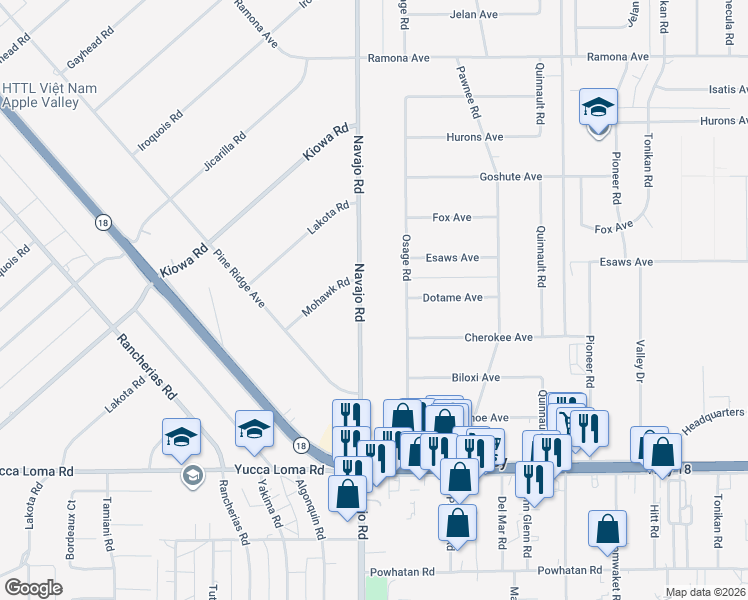 map of restaurants, bars, coffee shops, grocery stores, and more near 14020 Osage Road in Apple Valley