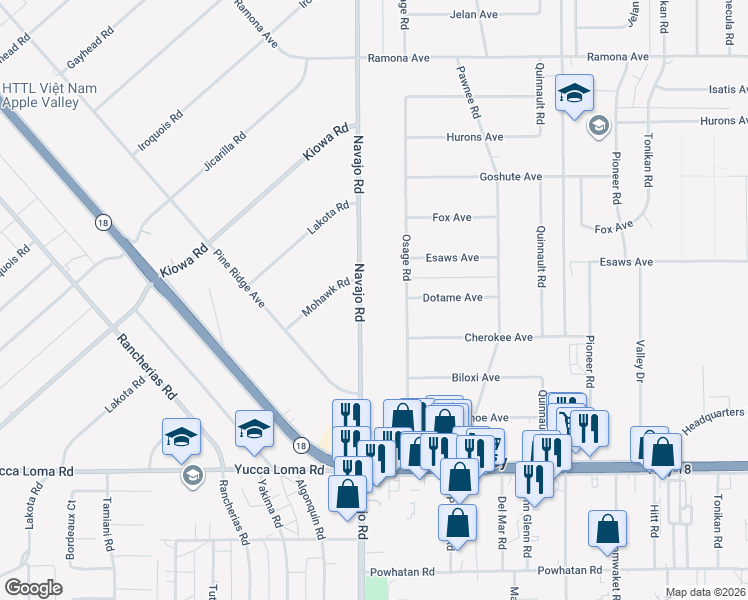 map of restaurants, bars, coffee shops, grocery stores, and more near 14027 Navajo Road in Apple Valley
