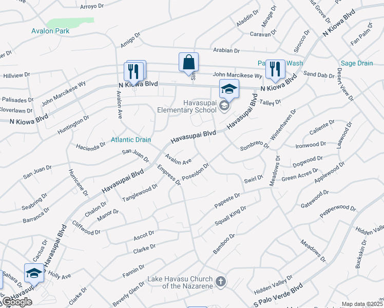 map of restaurants, bars, coffee shops, grocery stores, and more near 825 Avalon Avenue in Lake Havasu City