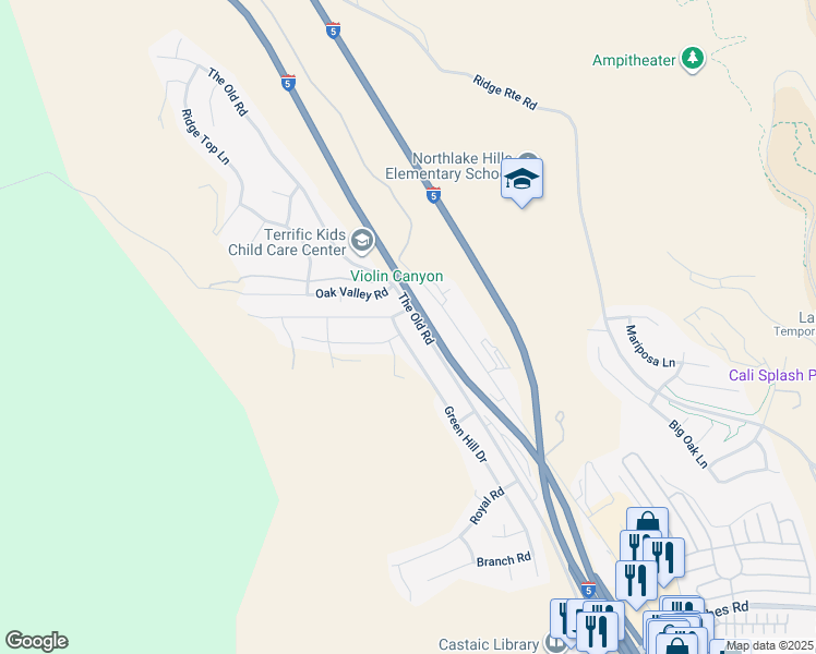 map of restaurants, bars, coffee shops, grocery stores, and more near 32364 Green Hill Drive in Castaic