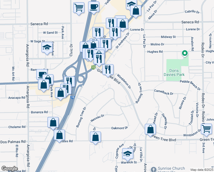 map of restaurants, bars, coffee shops, grocery stores, and more near 13852 Burning Tree Drive in Victorville
