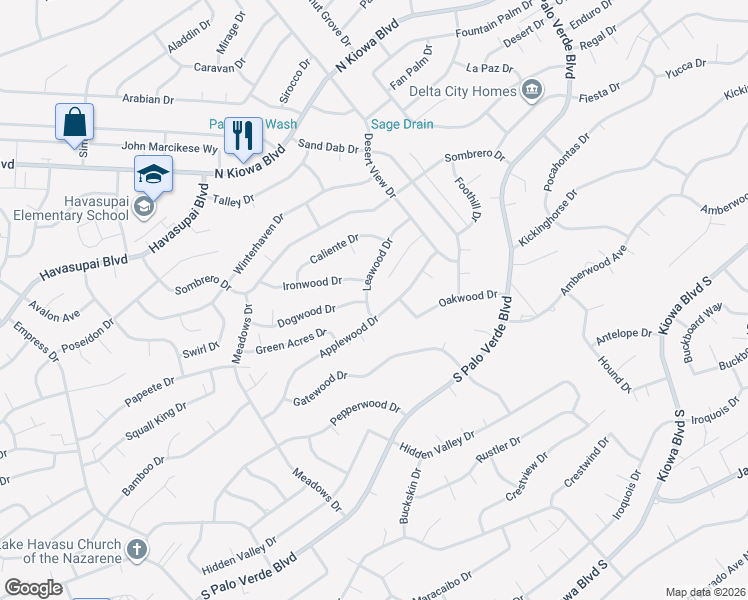 map of restaurants, bars, coffee shops, grocery stores, and more near 3108 Leawood Drive in Lake Havasu City