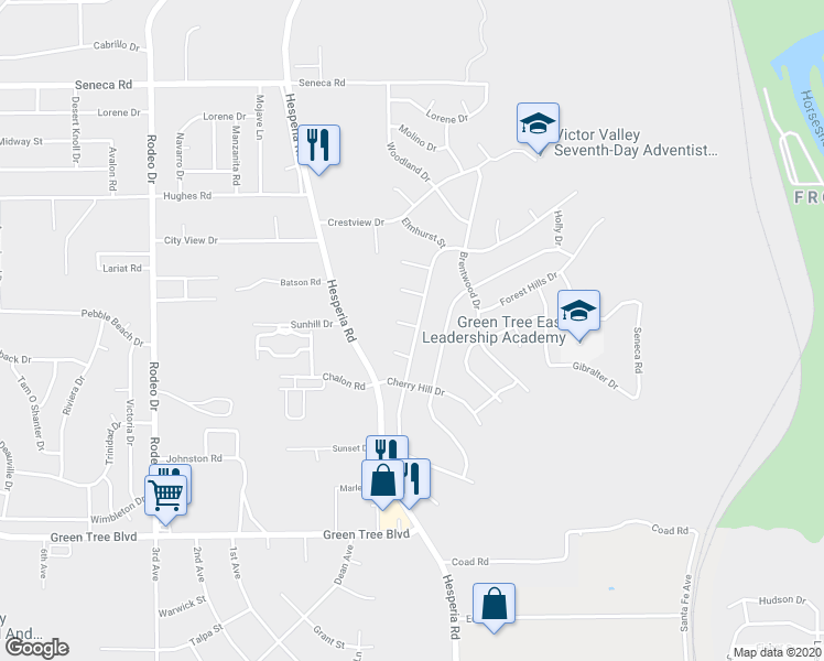map of restaurants, bars, coffee shops, grocery stores, and more near 14046 Montecito Court in Victorville