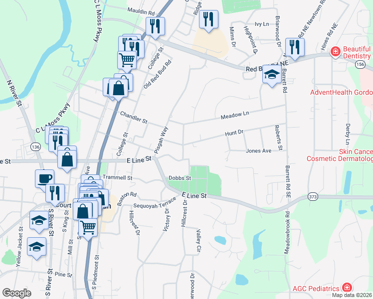 map of restaurants, bars, coffee shops, grocery stores, and more near 410 Boulevard Heights in Calhoun
