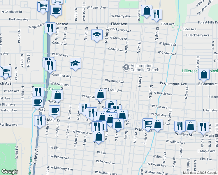 map of restaurants, bars, coffee shops, grocery stores, and more near 401 North 9th Street in Duncan