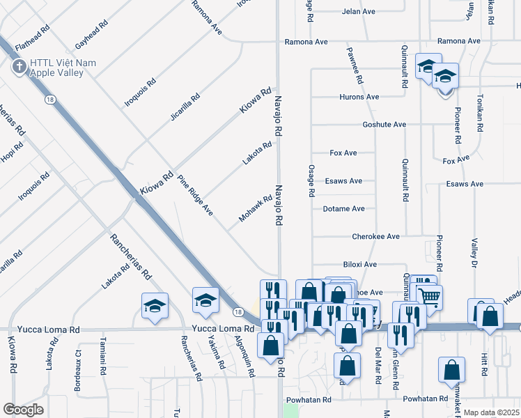 map of restaurants, bars, coffee shops, grocery stores, and more near 14055 Mohawk Road in Apple Valley