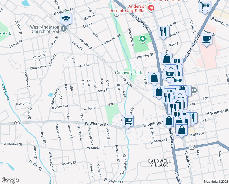 map of restaurants, bars, coffee shops, grocery stores, and more near in Anderson
