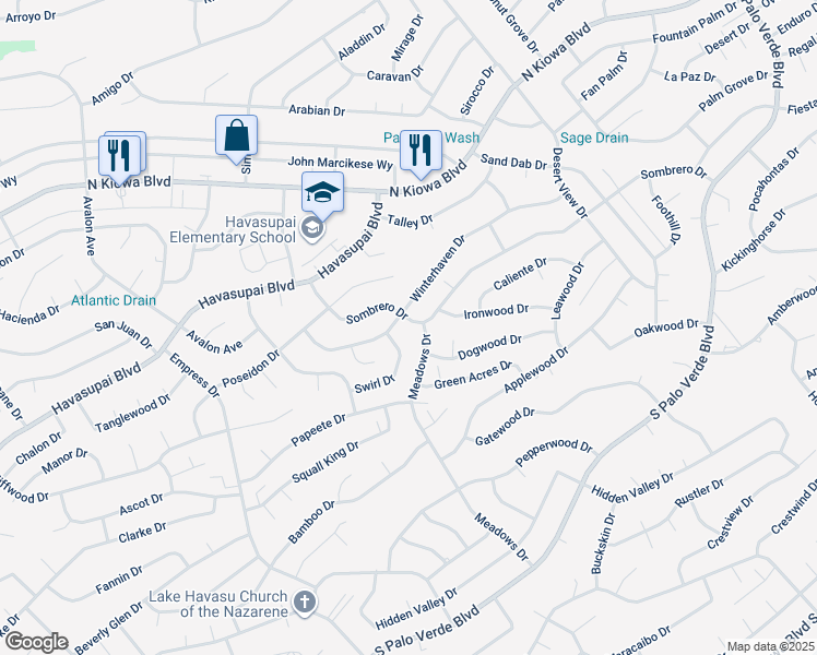 map of restaurants, bars, coffee shops, grocery stores, and more near 2940 Sombrero Drive in Lake Havasu City
