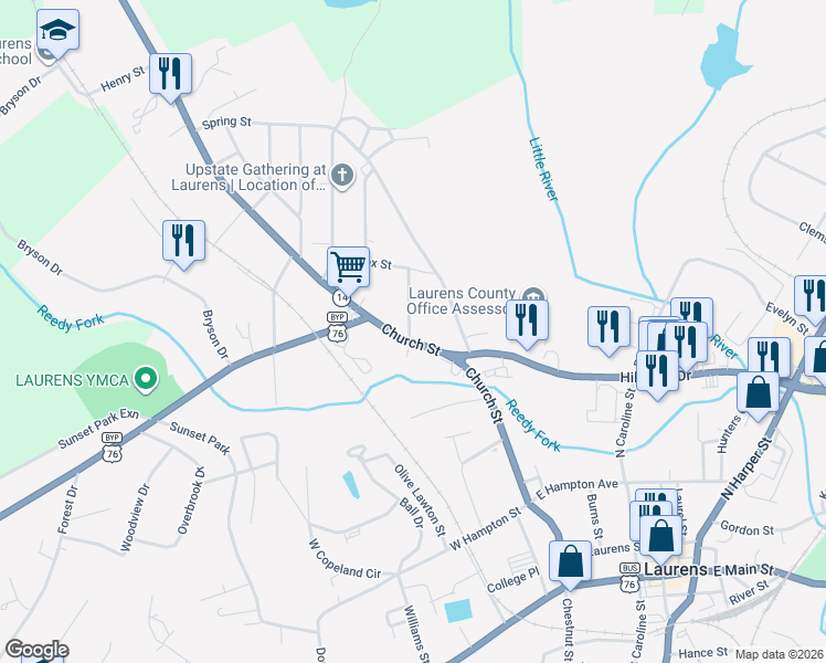 map of restaurants, bars, coffee shops, grocery stores, and more near 509 Church Street in Laurens
