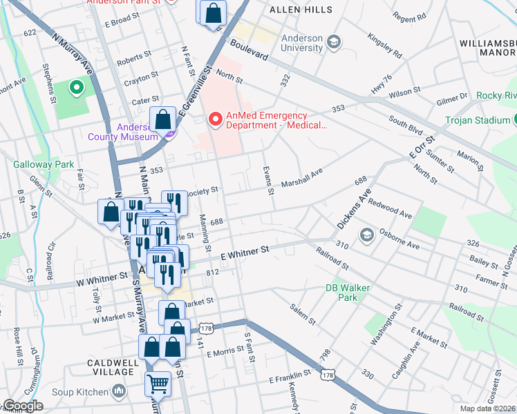 map of restaurants, bars, coffee shops, grocery stores, and more near 424 East Orr Street in Anderson