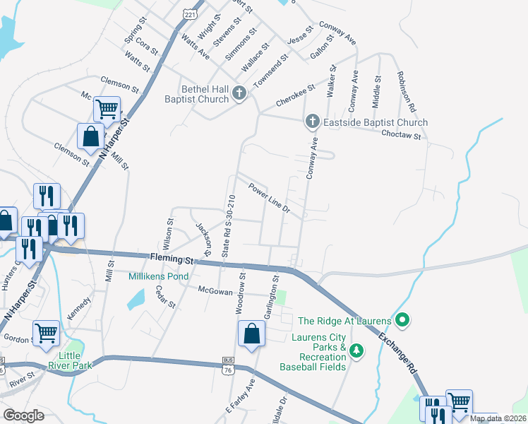 map of restaurants, bars, coffee shops, grocery stores, and more near 206 State Road S-30-212 in Laurens