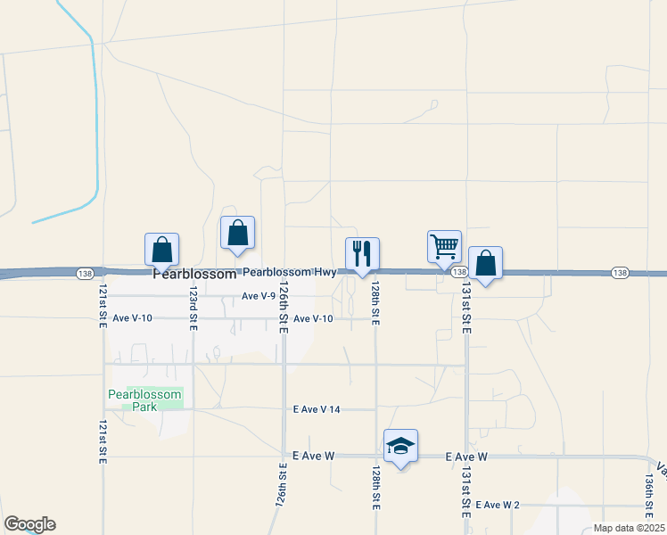 map of restaurants, bars, coffee shops, grocery stores, and more near 127th Street East in Pearblossom