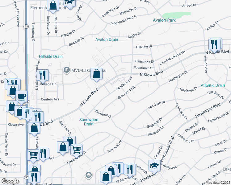map of restaurants, bars, coffee shops, grocery stores, and more near 2201 Shorewood Drive in Lake Havasu City