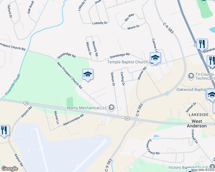 map of restaurants, bars, coffee shops, grocery stores, and more near 117 Selwyn Drive in Anderson
